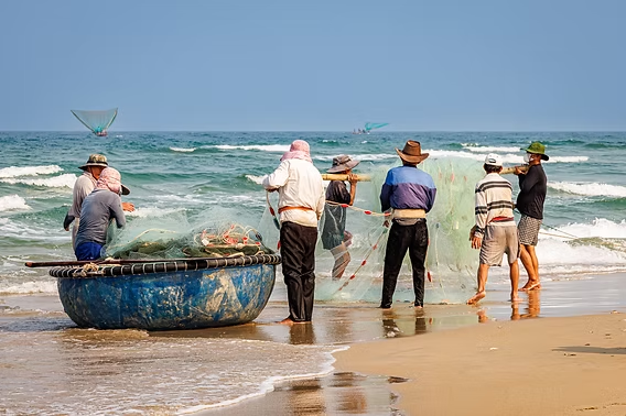 Traditional fishing village with boats